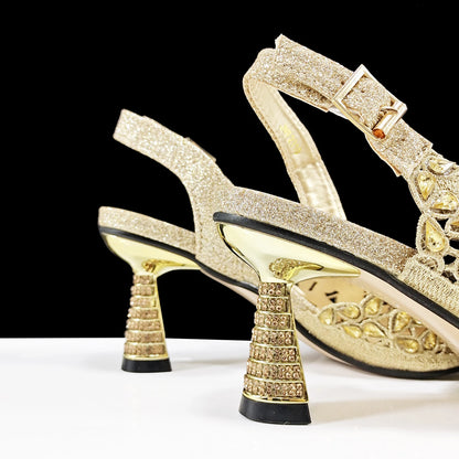 QSGFC Italian Design Rhinestone-encrusted Sex Ladies Shoes And Special Bag High Heels And Heart Shape Gold Mini Bag