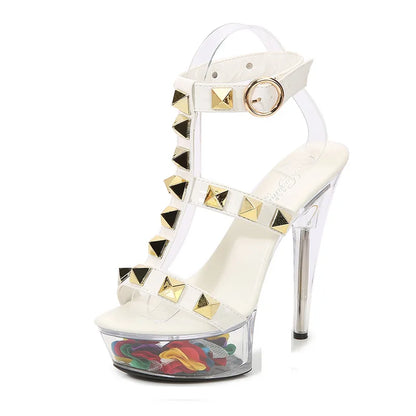 Women's Platform Sandals Rivet Pull Sandals Transparent High Heel 13CM Slim Heel Summer Waterproof Table LFD-1099-36