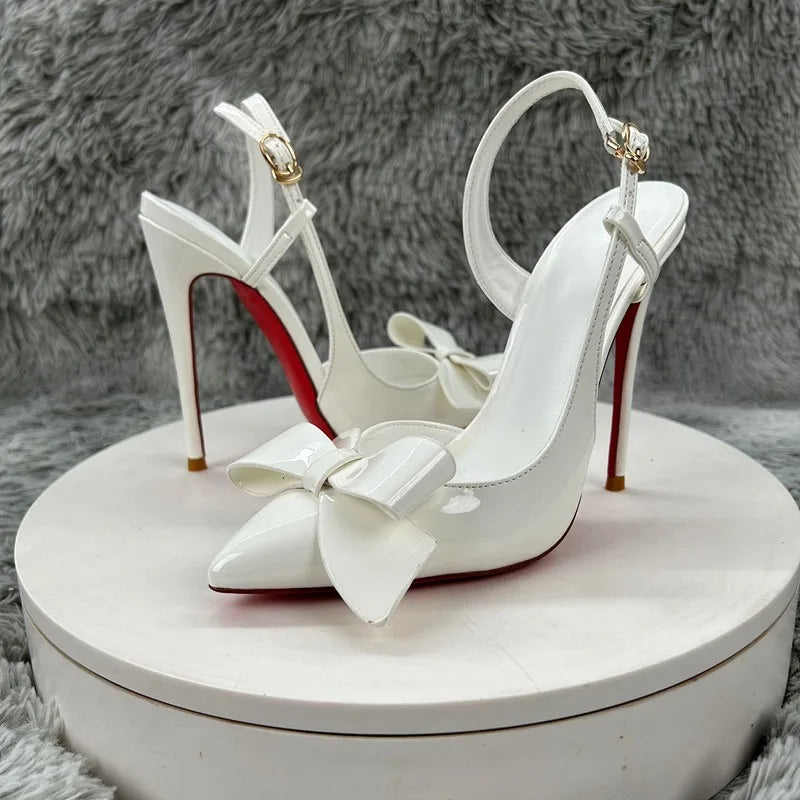 New white bow high-heeled shoes with women's patent leather pointed and slender heels, sexy and elegant, perfect for commuting