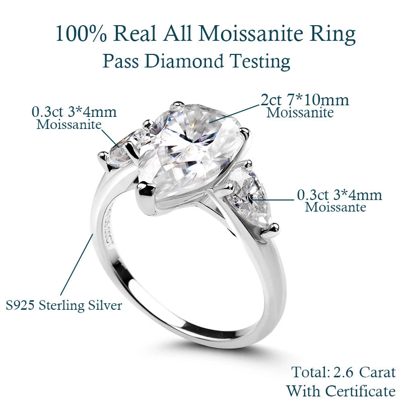 1-5CT Pear Cut Miossanite Ring Certified 925 Sterling Silver Plated 18K D VVS1 Lab Diamond Wedding Engagement Band for Women