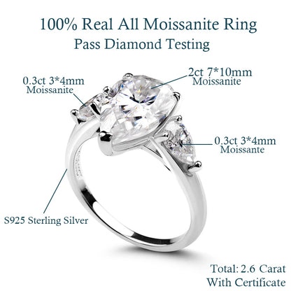 1-5CT Pear Cut Miossanite Ring Certified 925 Sterling Silver Plated 18K D VVS1 Lab Diamond Wedding Engagement Band for Women