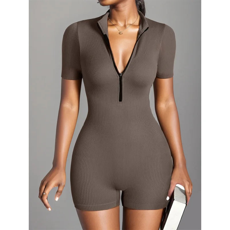 Women's Slimming Textured Short Sleeve Zip Front Athletic Yoga Bodysuit for Fitness Bodybuilding Hip Lifting One Piece