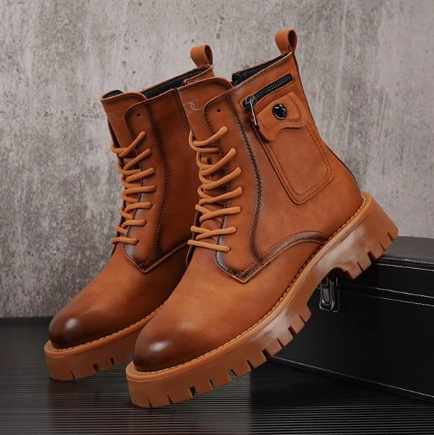 Summer Men's Hollow Ankle Boots Breathable Height-increasing Leather Motorcycle Boots Autumn Men Thick-soled High-top Shoes