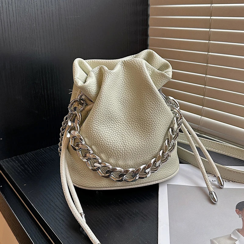 100% Genuine Leather Women Shoulder Crossbody Bags High Quality Solid Color Cow Leather Bucket Handbag Luxury Female Sac