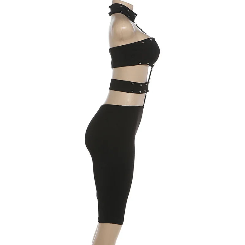 Sexy Halter Neck Cutout Bodycon Jumpsuit Women 2026 Summer Solid Studded Hollow Out Biker Short Romper Party Clubwear Outfits