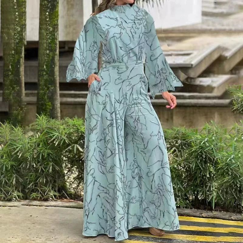 Casual Elegant Jumpsuits Women Autumn New Loose Long Pants Long Sleeve Printed High Waist Wide Leg Jumpsuit Commuting Playsuits