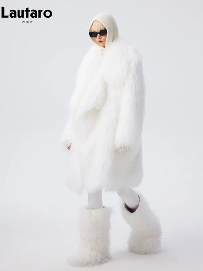Lautaro Autumn Winter Long Oversized White Thick Warm Soft Faux Fur Coat Women Loose Stylish Luxury Fluffy Overcoat Streetwear