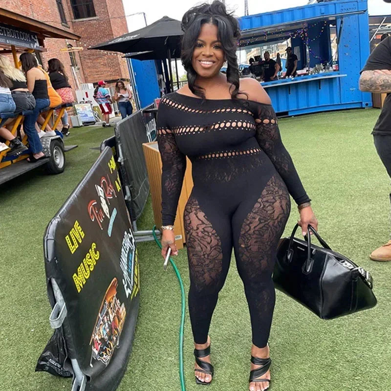Black Night Party Lace Jumpsuits Woman Long Sleeve Skew Collar Hollow Out Patchwork Skinny One Pieces Rompers Womens Jumpsuit