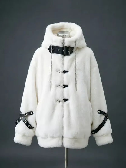 Lautaro Autumn Winter Thick Warm Faux Fur Coat Women with Hood Zipper Luxury Japanese Style Punk Harajuku Fluffy Jacket 2026