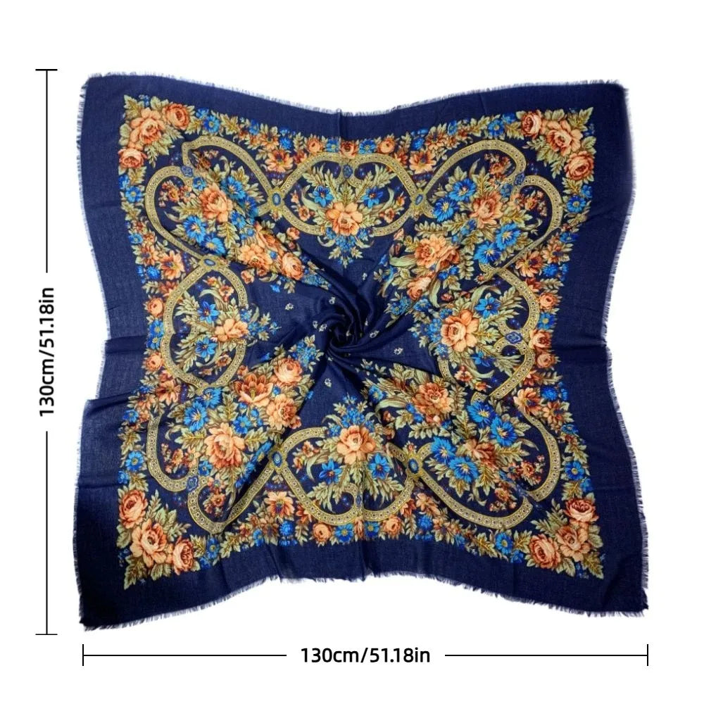 130×130cm Women's Shawl Scarves Thin Luxury Russian National Square Scarf Floral Print Breathable Ethnic Shawl Bandana Summer