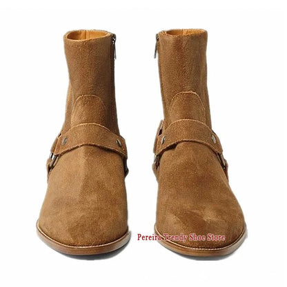 Autumn Winter Retro Chelsea Boots for Men Metal Ring Suede Leather Pointed Toe Short Boots British Style Trendy Men's Shoes