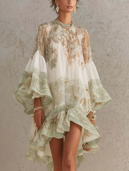 2026 New European and American Style Printed Lotus Leaf Hem Dress for Women, Vacation-Inspired, Loose Fit, Flowing, Stylish Shor