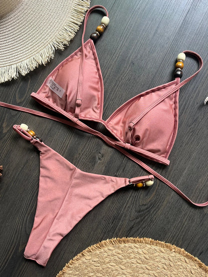 Sexy Brown Bikini Set 2026 Women Pearls Strap Hole Out Push Up Bra Thong Swimsuit Brazilian Beach Bathing Suit Micro Swimwear