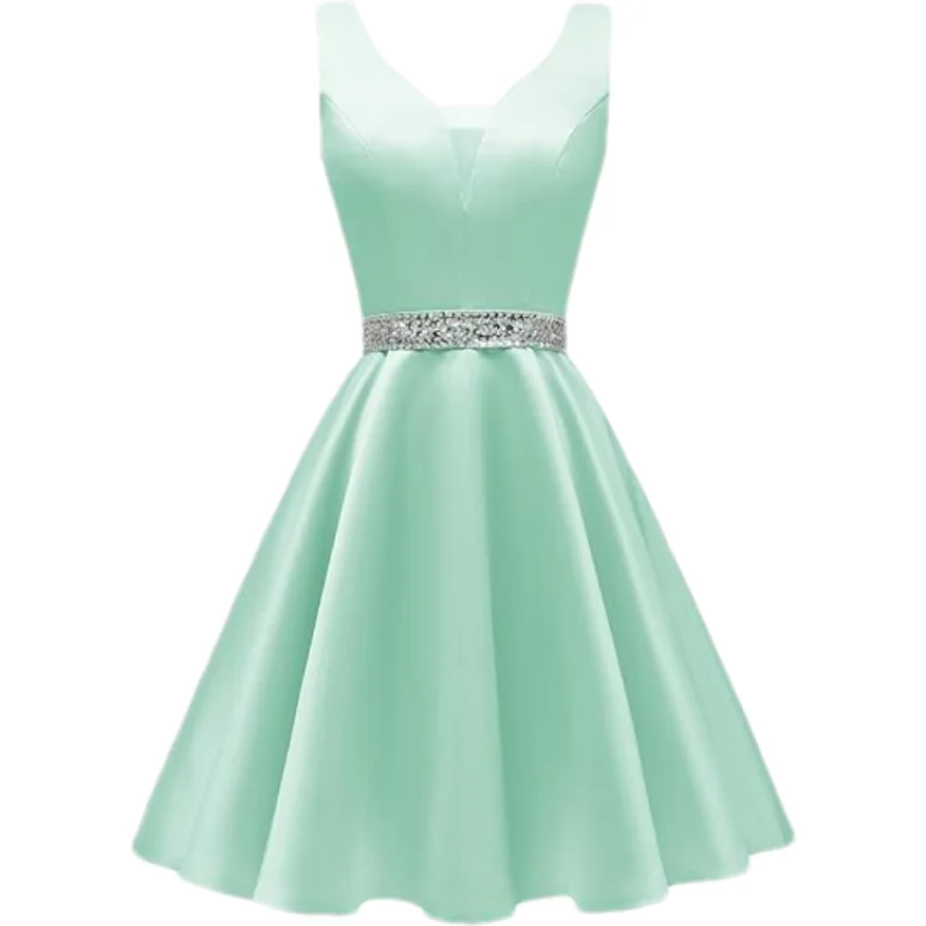 Customized Simple Satin Homecoming Dresses for Teens Short Prom Dress V-Neck Beaded Belts Evening Formal Cocktail Party Gowns