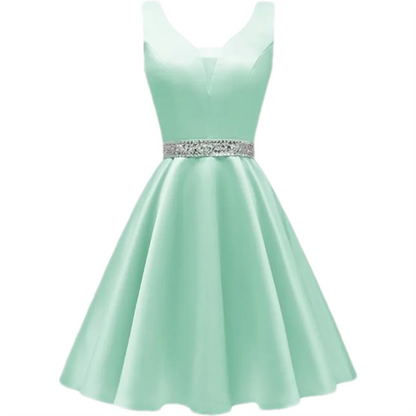 Customized Simple Satin Homecoming Dresses for Teens Short Prom Dress V-Neck Beaded Belts Evening Formal Cocktail Party Gowns
