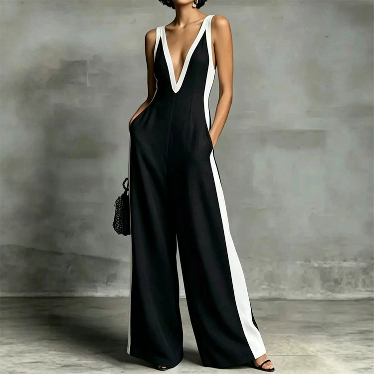 2026 summer new fashion women's V-neck sleeveless contrasting color suspender wide-leg jumpsuit
