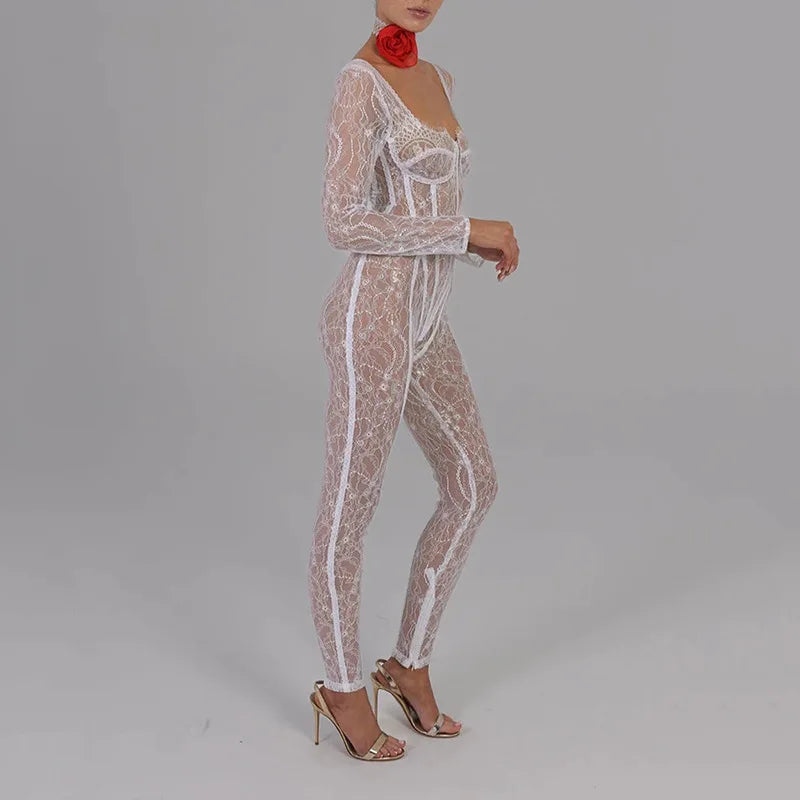 Cryptographic Sheer Lace Hollow Out Sexy Jumpsuits Zip Up Backless Outfits Women Unitards Square Neck Romper Overalls One Piece