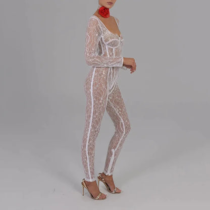 Cryptographic Sheer Lace Hollow Out Sexy Jumpsuits Zip Up Backless Outfits Women Unitards Square Neck Romper Overalls One Piece