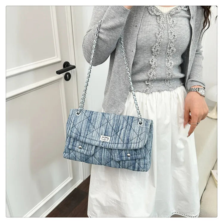 Korean Brand Shoulder Bag 2026 New Denim Side Bags for Women Ladies Crossbody Solid Fashion Chain Designer Daily Commuter City