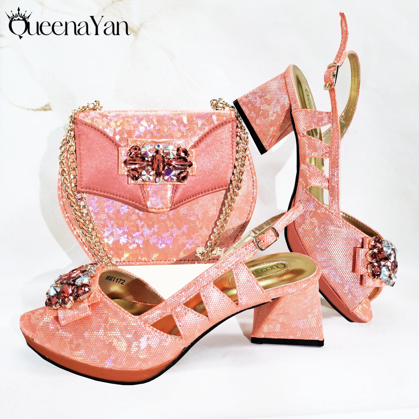 Queena Yan New Arrival  Special Synthetic Fabrics Design Teal Color Women's Matching Shoe and Bag Set  for Weddings and Parties