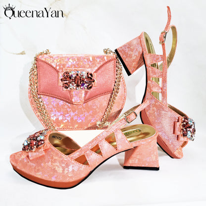 Queena Yan New Arrival  Special Synthetic Fabrics Design Teal Color Women's Matching Shoe and Bag Set  for Weddings and Parties