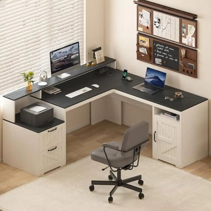 L Shaped Executive Desk 63 Inch Wide with Printer Shelf Open Compartment Adjustable Cabinet USB Charging Station Ergonomic Monit