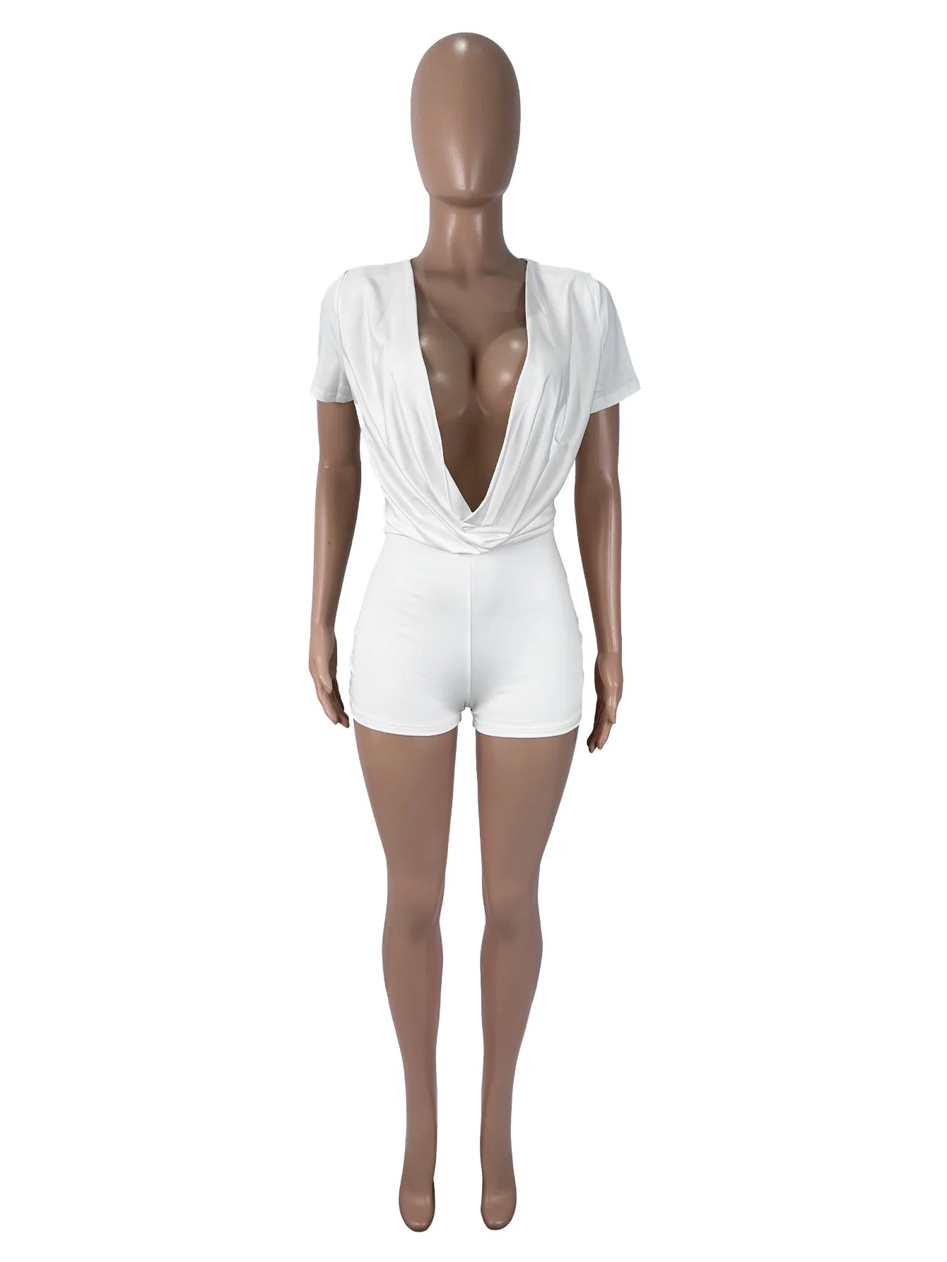 Sexy Solid Deep V-neck Short-sleeve White Playsuits Rompers Women Summer Bodycon Short Jumpsuit for Women