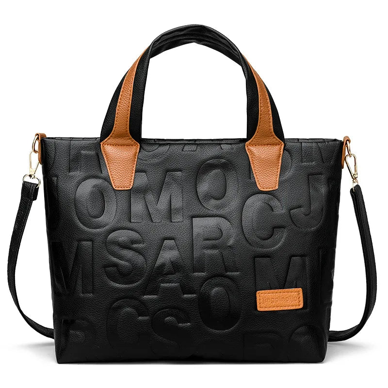 New Women's Large Capacity Contrast Color Handbag PU Leather Letter Embossed Ladies Shoulder Bag Designer Crossbody Bag