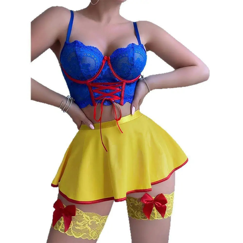 Halloween Lingeries Sexy Hot Snow White Princess Cosplay Bra Thong Skirt 3PC Leg Circles Dopamine Roleplay Costume