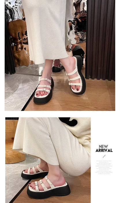 Women Thicken Soled Buckle Strap Sandals Platform High Heel Shoes Ladies Cut-Out Slippers Open Toe Flipflops Silver Beach Slides