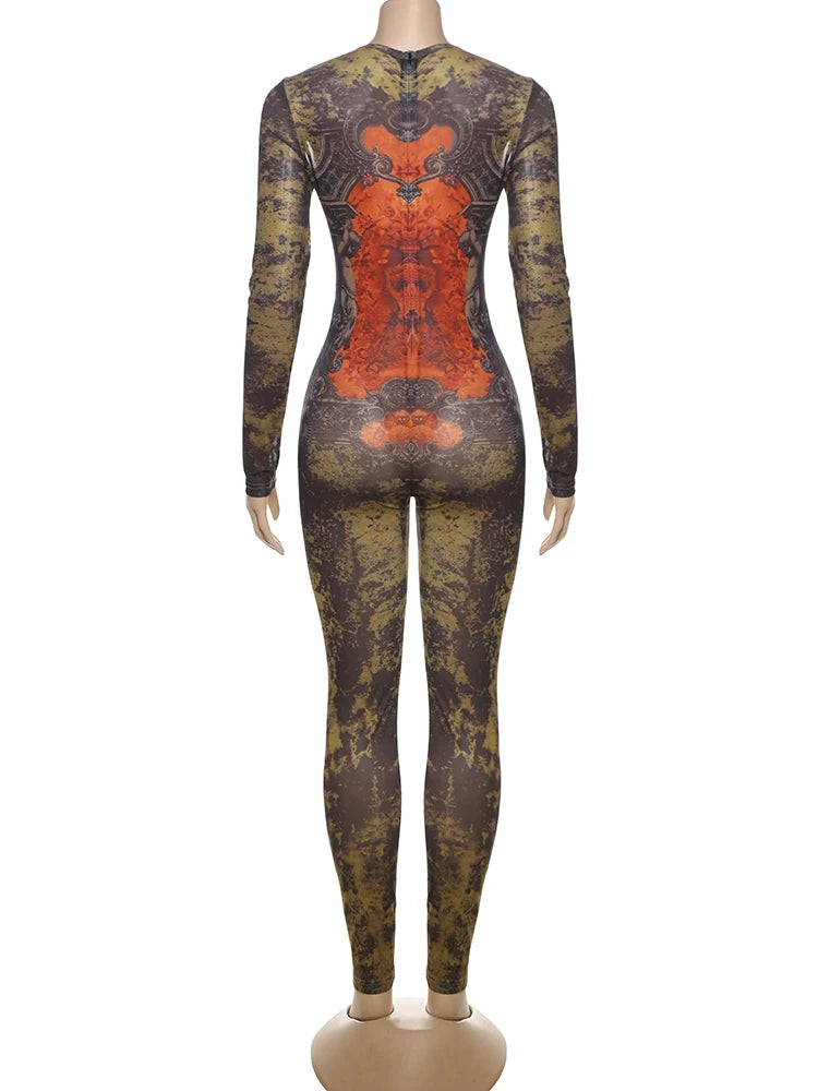Weird Puss Sexy Fitness Jumpsuit Women Tie-Dye Print O-Neck Full Sleeve Skinny Streetwear Autumn Zip Slim Stretch Tight Overalls