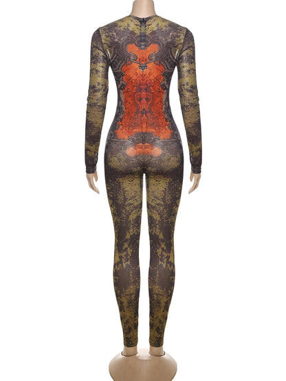 Weird Puss Sexy Fitness Jumpsuit Women Tie-Dye Print O-Neck Full Sleeve Skinny Streetwear Autumn Zip Slim Stretch Tight Overalls