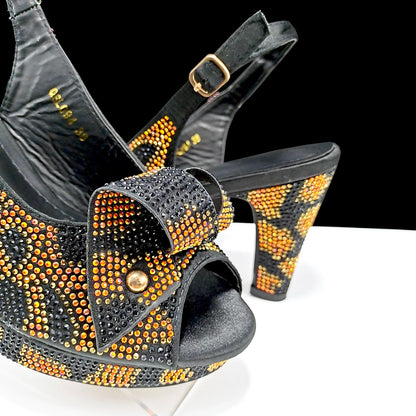 Nigeria Women's Open Toe High Heels Package Set Leopard Colorblocking Hot Rhinestones Fashion Sexy High Heels