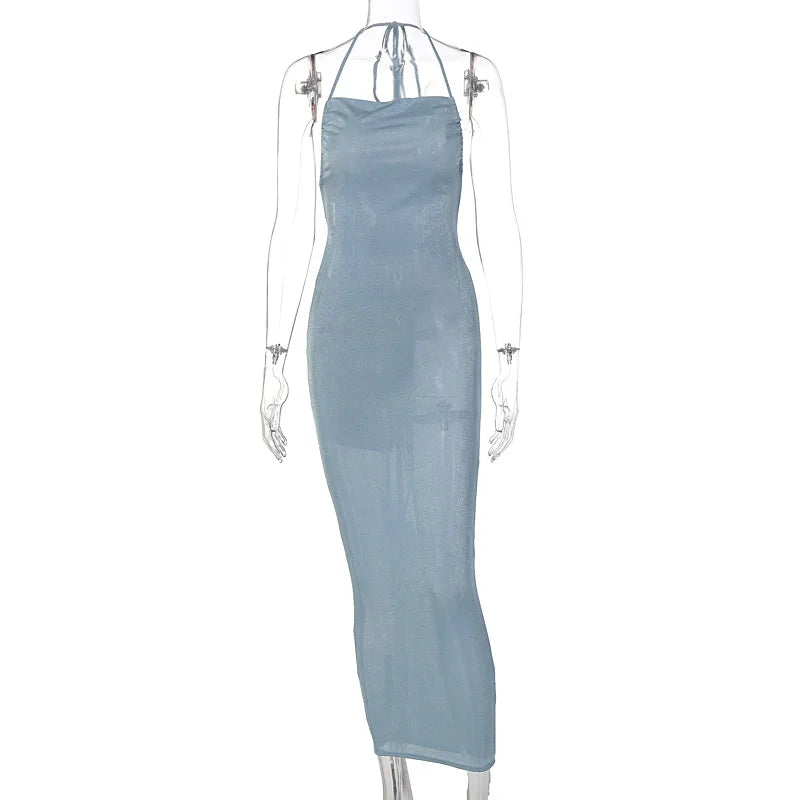 Sexy Long Shoulder Strap Open Back Backless Bodycon Maxi Dress Women Sleeveless Halter Skinny Long Dress Club Party Vestidos