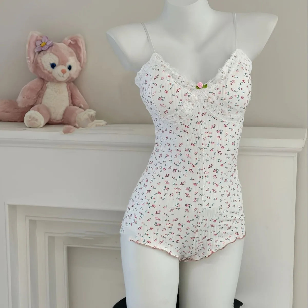 Summer Onesies Women Sexy Floral Print Bodysuit Lace Trim Sleeveless Slim Fit Jumpsuit Romper Underwear Nightwear Lingerie