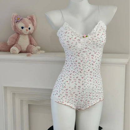 Summer Onesies Women Sexy Floral Print Bodysuit Lace Trim Sleeveless Slim Fit Jumpsuit Romper Underwear Nightwear Lingerie