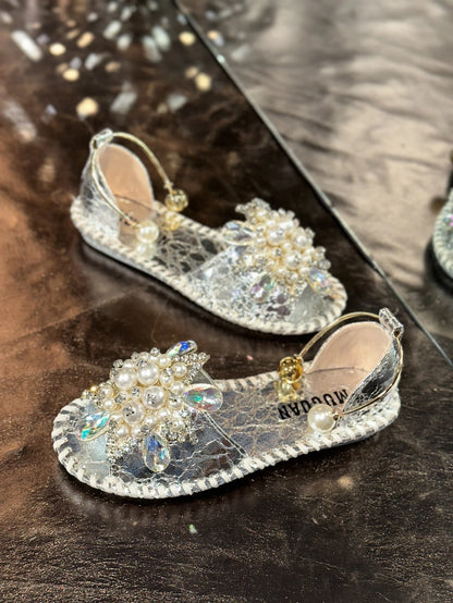 Aphixta New Gold Crystal Flower Flat With Sandals Women Summer Round Toe Shoes Outdoor Soft Sole Bling Slides Big Size 43