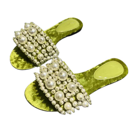 Outdoor Slippers Pearl Decor Flat Slippers Women Flannel Open Toe Slides Slip On Luxury Sandals Elegant Comfortable Summer Shoes