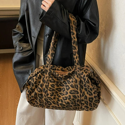 Trendy Leopard Print Canvas Shoulder Bag Large Capacity Fashion Tote Handle Bag for Daily Commute Versatile Texture Storage Bags