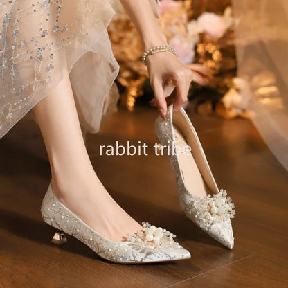 New Designer Low Heel Wedding Shoes Luxury Pearl Water Diamond Decoration Banquet Women's Shoes High Heel Women's Singles Shoes
