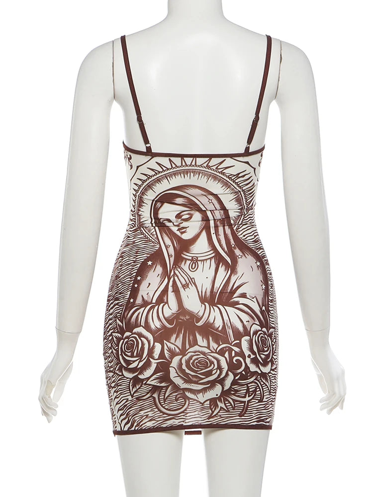 Sisterlinda See Through Dress Women Art Print Low-Neck Skinny High Elasticity Sexy Midnight Summer New Trend Hottie Mini Bodycon