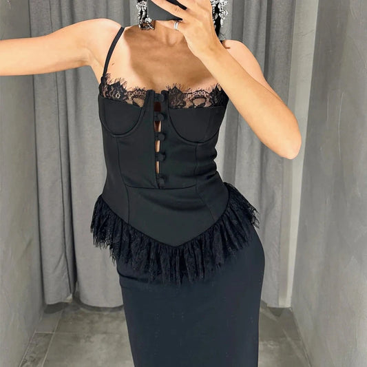 2026 Elegant Lace Patchwork Waist Party Blouse Women Fashion Hight Street Slim Vest Sexy Off Shoulder Sleeveless Suspender Tops