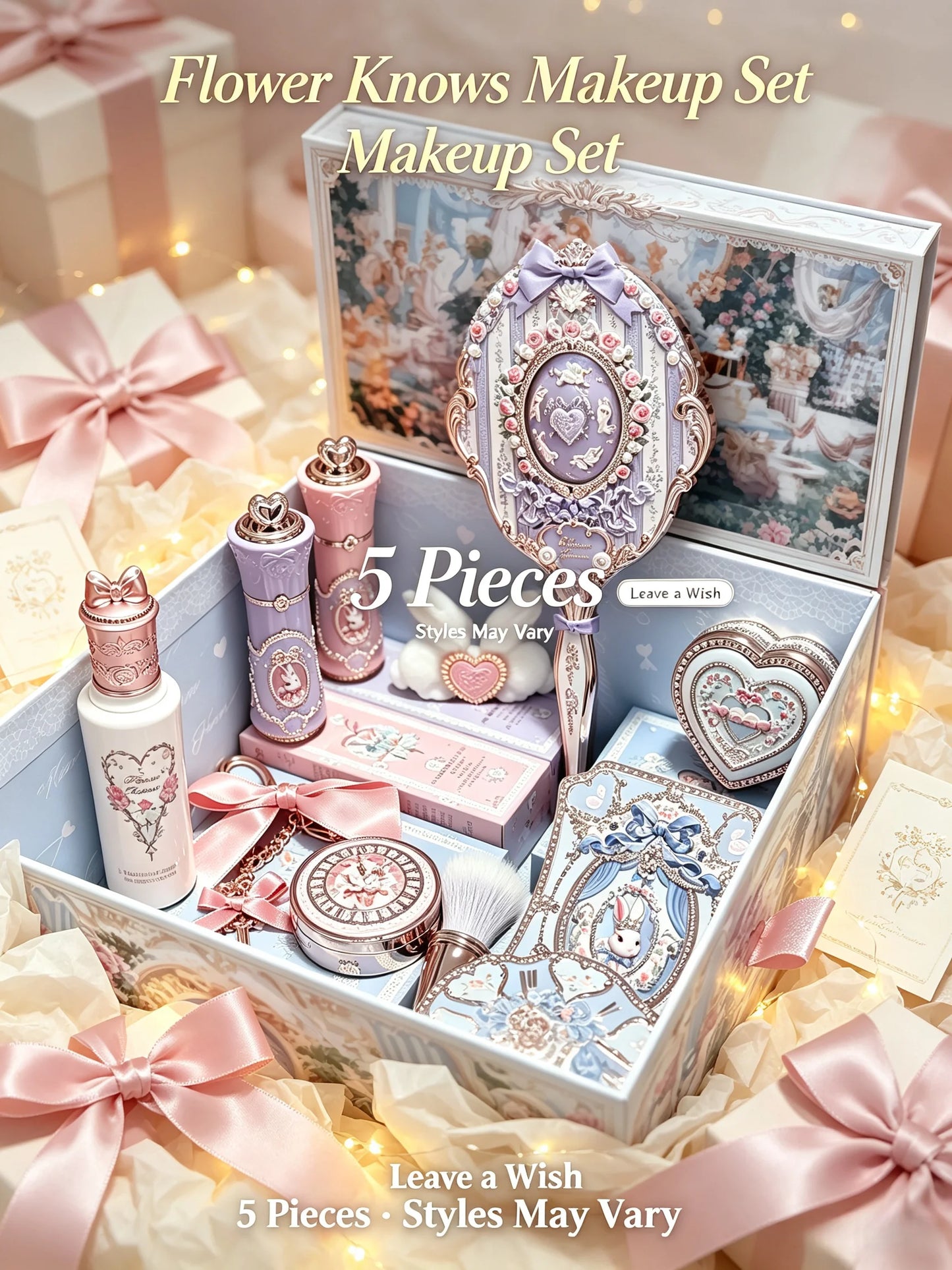 Flower Knows 5Pcs Full Face Makeup Gift Set Lip Gloss Eyeshadow Blush Highlighter Women Daily Cosmetic Box Birthday Holiday Gift