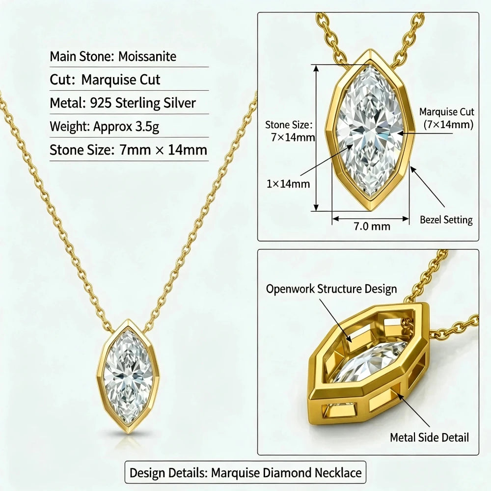 JH Marquise Cut Moissanite Pendant Necklace D Color GRA Certified Luxury Clavicle Chain 925 Sterling Silver Women Fine Jewelry