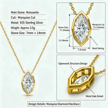 JH Marquise Cut Moissanite Pendant Necklace D Color GRA Certified Luxury Clavicle Chain 925 Sterling Silver Women Fine Jewelry