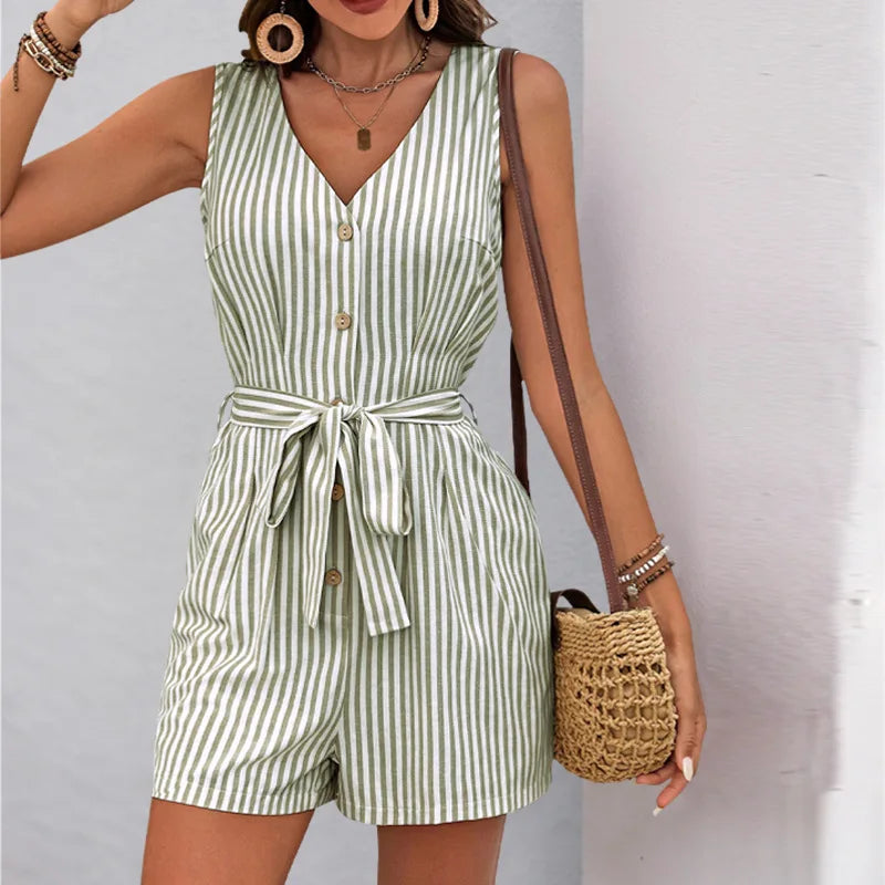 Ladies Striped Sleeveless Belted Romper, Loose Single Breasted Summer Jumpsuit Casual Streetwear