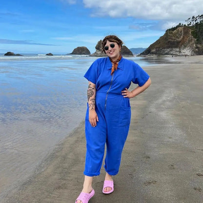 Summer Pocket Zipper Jumpsuit Women Fashion Pure Color Short Sleeve Jumpsuits For Women 2025 Casual One Piece Sets White