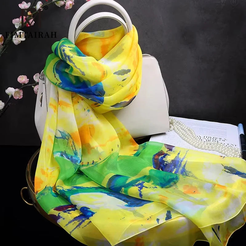 100% silk  scarf ladies Yellow printed  silk scarf Women fashion  soft and elegant shawl long shawl spring autumn winter summer