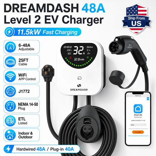 DREAMDASH 48A Level 2 EV Charger 11.5kW WiFi Smart Charging Station, 6-48A Adjustable, NEMA 14-50 Plug, 25FT ETL Listed J1772 Cable for Indoor Outdoor Electric Vehicle Charging, Ship from US