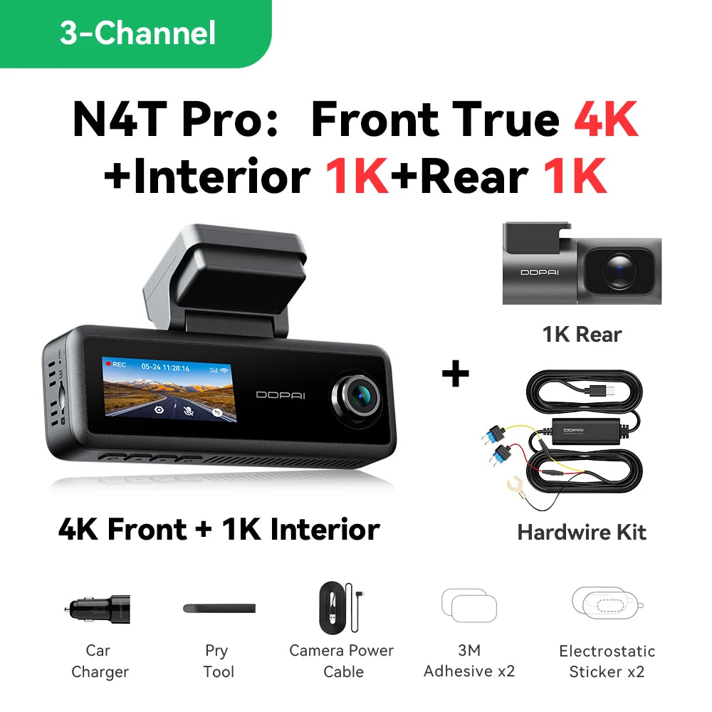 New DDPAI N4T Pro 4K+1K+1K Triple Dash Cam NightVIS 2.0 AI ISP Wi-Fi 6 ADAS GPS 4G Ready 24 7 Parking Monitoring Collision Wake Up Car DVR